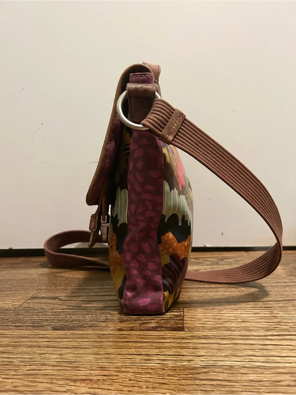 Fossil Multicolor Canvas and Brown Leather Trim Crossbody Messenger Bag